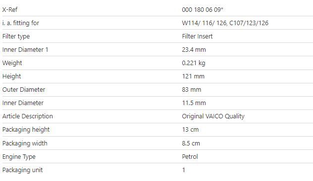 Oil Filter To Suit Mercedes Benz 2.8L 3.0L 3.8L 3.5L 5.0L 1969 To 1993