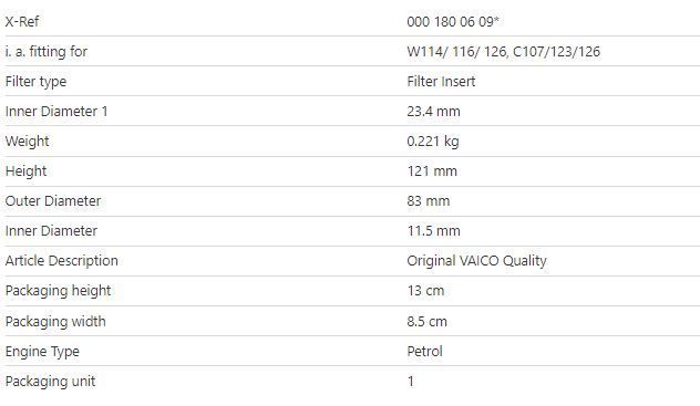 Oil Filter To Suit Mercedes Benz 2.8L 3.0L 3.8L 3.5L 5.0L 1969 To 1993